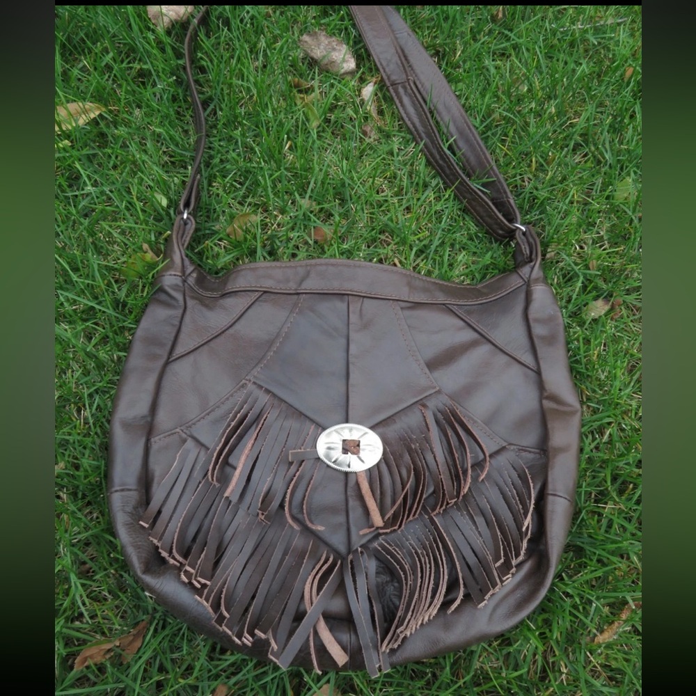 Vintage Brown Leather Fringe Shoulder Bag Western